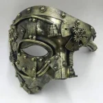 Steampunk Phantom half masquerade mask antique bronze finish front three-quarter view with rivets and mechanical gears
