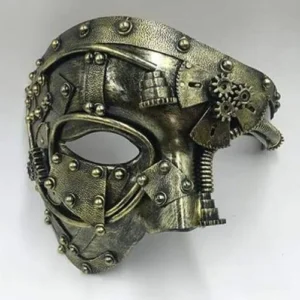 Steampunk Phantom half masquerade mask antique bronze finish front three-quarter view with rivets and mechanical gears