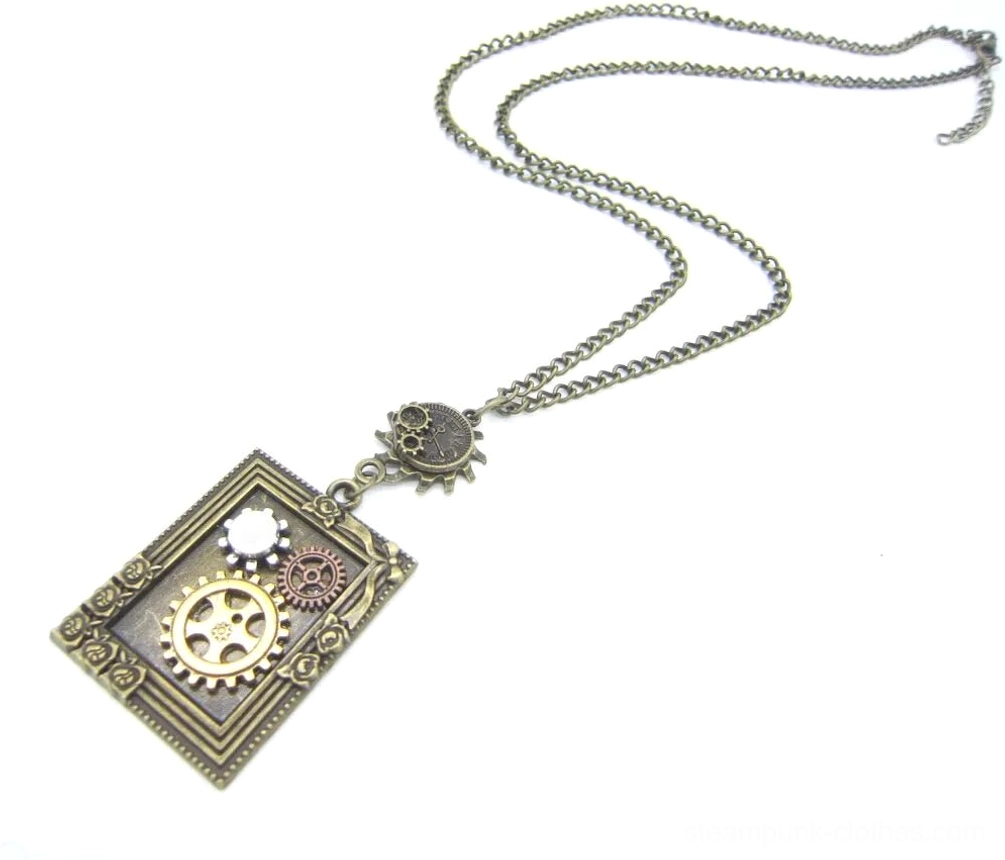 Long bronze steampunk chain necklace with small bronze ornate frame decorated with mechanical gears, shot from oblique overhead angle