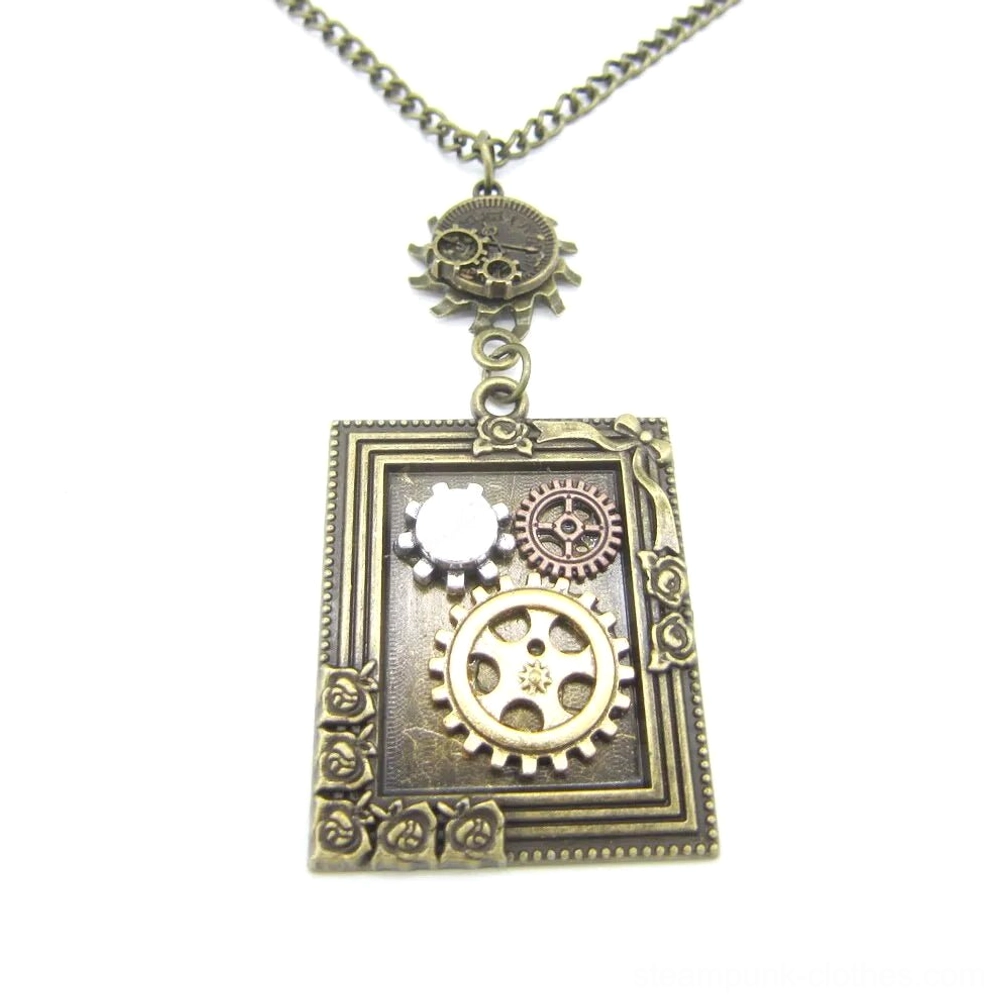 Steampunk photo frame necklace with bronze plated finish, featuring ornate rose-carved frame and intricate gear ornaments on white background