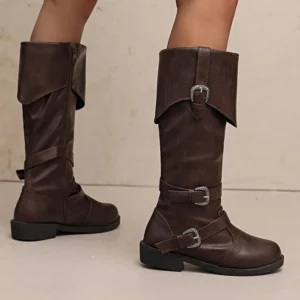 Dark brown steampunk pirate boots front side view featuring multiple strap buckles, fold-over collar, and low block heel for comfortable all-day wear