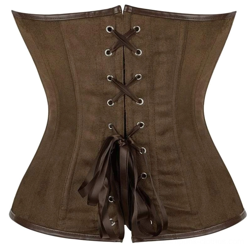 Steampunk pirate corset back view displaying metal eyelets, lace-up ribbon closure, and decorative ribbon ties for adjustable fit