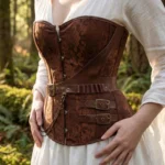 Steampunk pirate corset with damask brown satin and metal chain details, close-up side view showing leather straps and buckles in forest setting