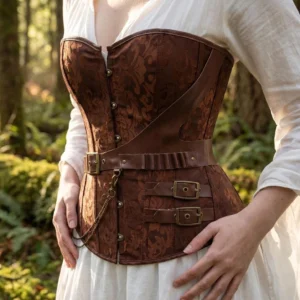 Steampunk pirate corset with damask brown satin and metal chain details, close-up side view showing leather straps and buckles in forest setting