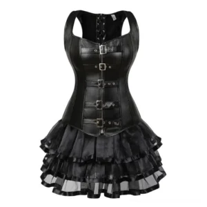 Steampunk faux leather pirate corset dress front view with black tulle skirt and silver buckle closures