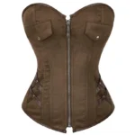 Steampunk pirate corset front view featuring brown suede-like polyester, front zipper detail, dual bust pockets, and crisscross leather side straps