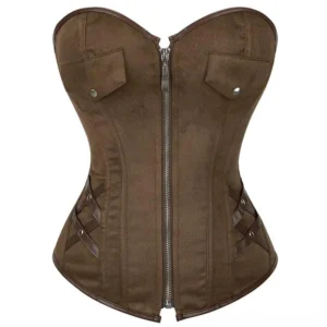 Steampunk pirate corset front view featuring brown suede-like polyester, front zipper detail, dual bust pockets, and crisscross leather side straps