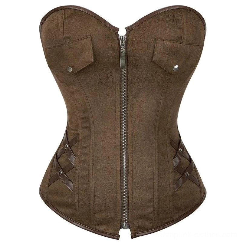Steampunk pirate corset front view featuring brown suede-like polyester, front zipper detail, dual bust pockets, and crisscross leather side straps