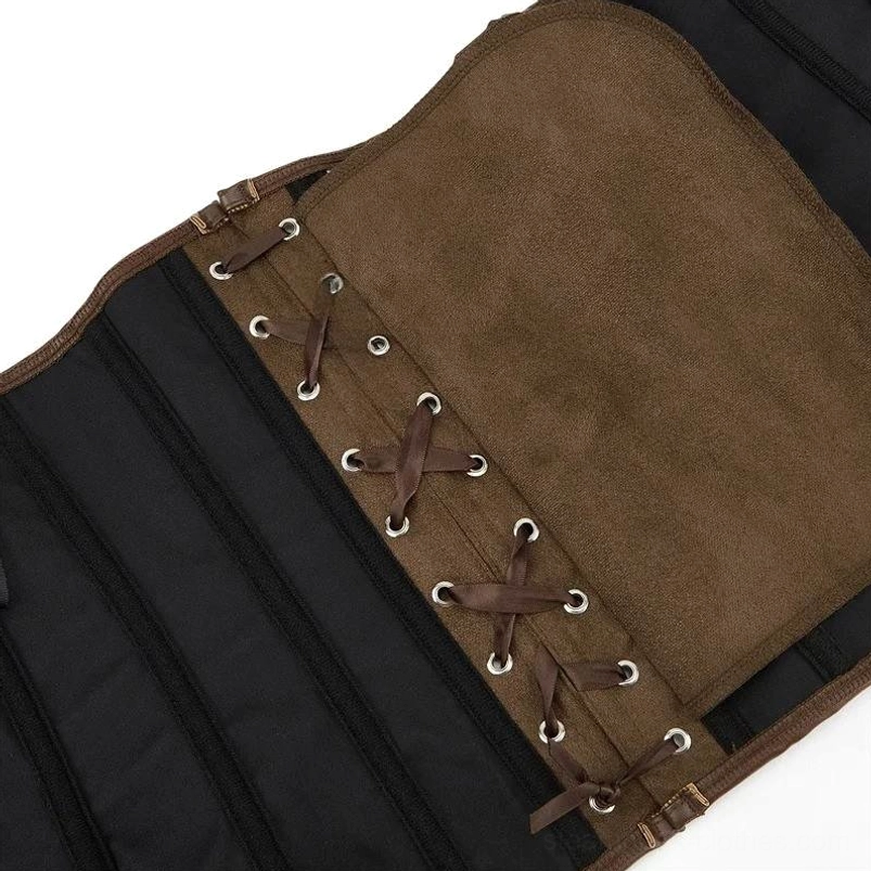 Steampunk pirate corset internal construction detail showing boned inner structure, dual-tone fabric, and reinforced lace-up fastener system
