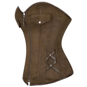 Brown steampunk pirate corset side profile showing crisscross waist straps, side zipper closure, and structured boning architecture
