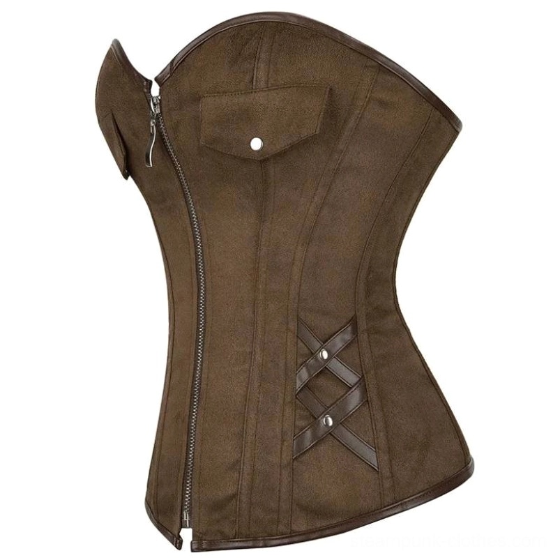 Brown steampunk pirate corset side profile showing crisscross waist straps, side zipper closure, and structured boning architecture