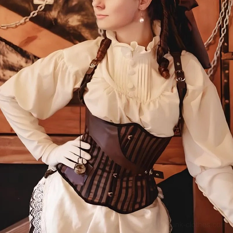 Steampunk pirate corset with brown-black striped fabric and leather trims on Caucasian female model, front left half-body view in vintage indoor pirate setting