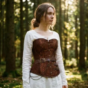 Woman wearing brown damask steampunk corset over white linen long-sleeve dress in sunlit forest, half-body styling shot