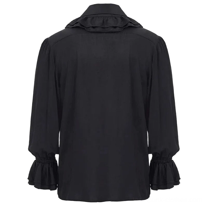 Black steampunk ruffled shirt back view – showing ruffled shoulder yoke and loose silhouette