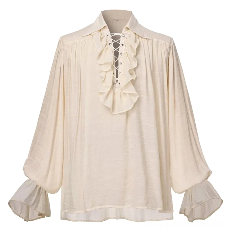 Steampunk pirate shirt flat lay on mannequin showing beige linen fabric, ruffled lace details, long bell sleeves with elastic cuffs, studio view