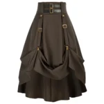 High-waist steampunk pirate skirt with bronze hardware and draped side pockets, flat lay front view showing dark olive-brown fabric