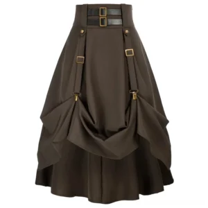 High-waist steampunk pirate skirt with bronze hardware and draped side pockets, flat lay front view showing dark olive-brown fabric