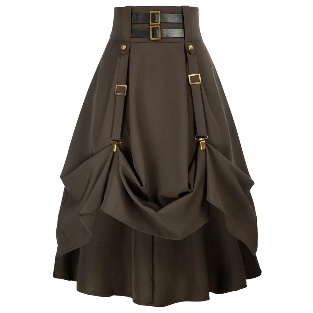 High-waist steampunk pirate skirt with bronze hardware and draped side pockets, flat lay front view showing dark olive-brown fabric