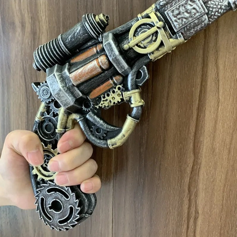 close-up detail of steampunk prop pistol with intricate mechanical engravings and exposed gear chain mechanisms