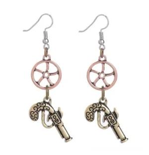 Antique bronze plated steampunk earrings flat lay, showcasing bronze fishhooks with rose gold ship wheel and bronze pistol pendant charms