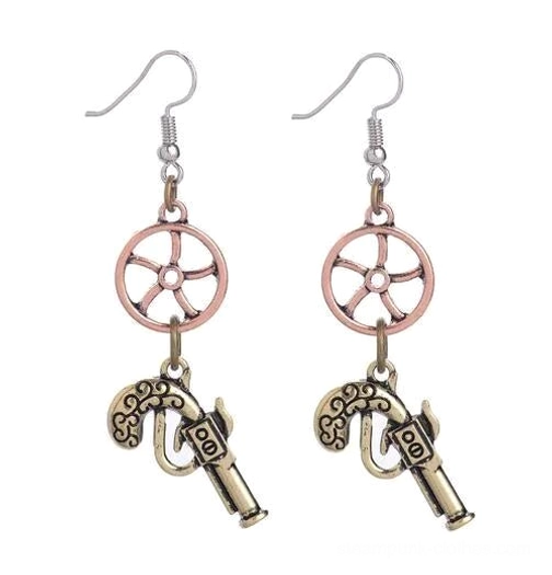 Antique bronze plated steampunk earrings flat lay, showcasing bronze fishhooks with rose gold ship wheel and bronze pistol pendant charms