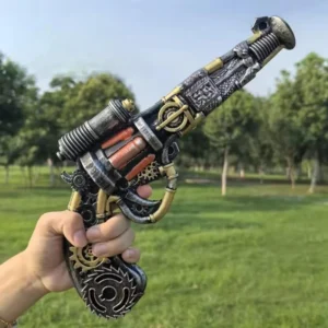 steampunk prop pistol with exposed gears and brass details held in male hands outdoors with grassland background