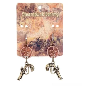 Steampunk pistol and ship wheel drop earrings in antique bronze finish, packaged display with detailed engraved gun charm and nautical wheel pendant