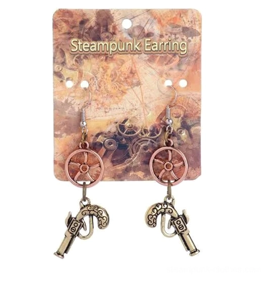Steampunk pistol and ship wheel drop earrings in antique bronze finish, packaged display with detailed engraved gun charm and nautical wheel pendant