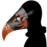 Steampunk plague doctor bird mask worn on left profile, showcasing dual-tone black and brown leather construction with clear optical lens and industrial rivets