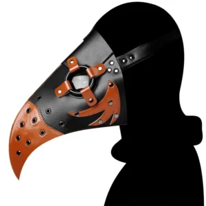 Steampunk plague doctor bird mask worn on left profile, showcasing dual-tone black and brown leather construction with clear optical lens and industrial rivets