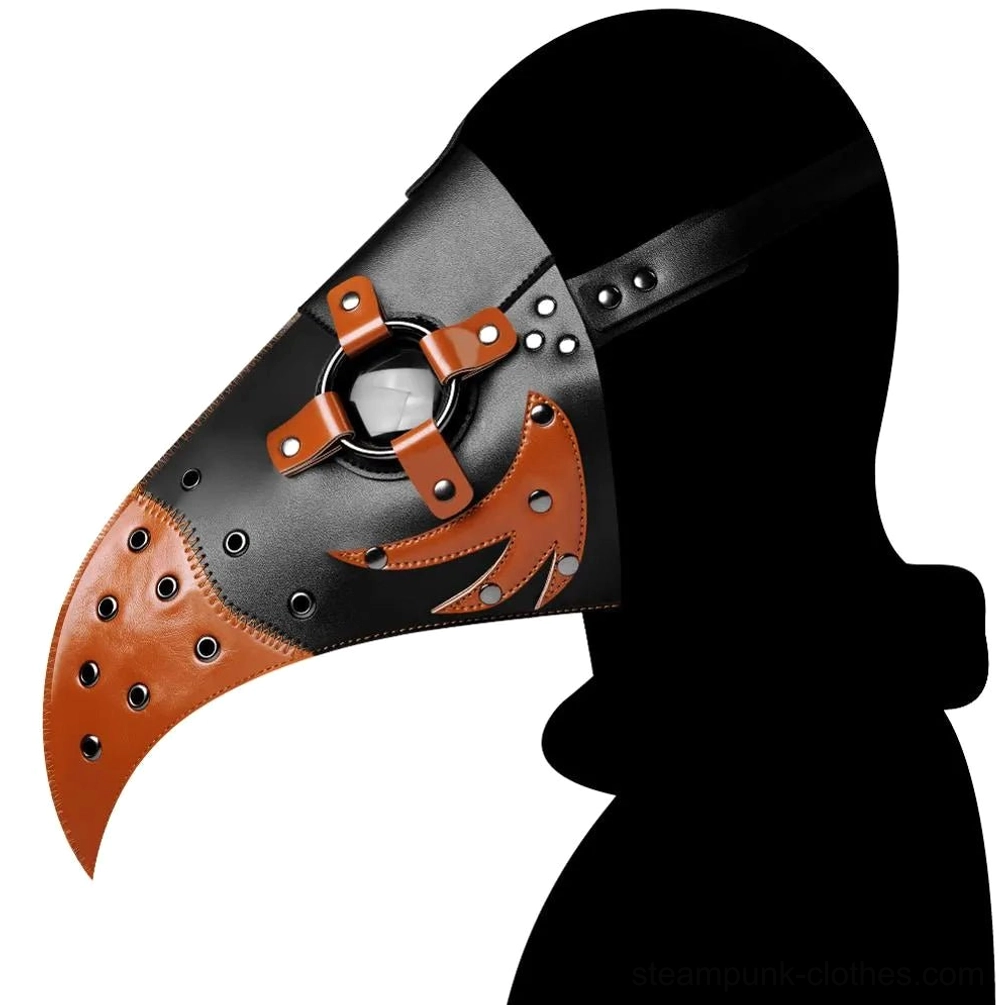 Steampunk plague doctor bird mask worn on left profile, showcasing dual-tone black and brown leather construction with clear optical lens and industrial rivets