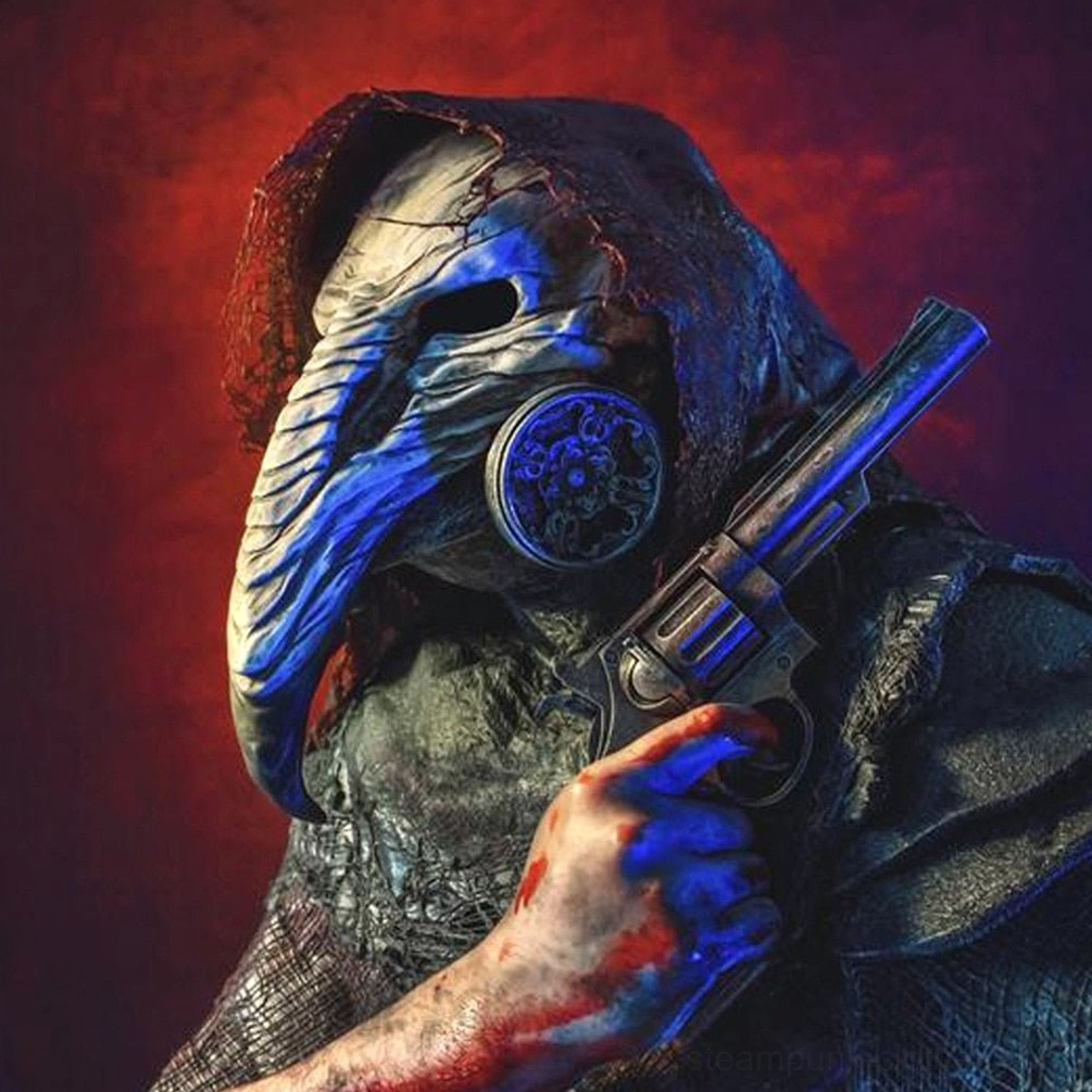 Dramatic side profile of steampunk plague doctor mask wearer in black hooded outfit holding prop revolver with blood-stained hand against red-dark gradient background, showcasing blue-toned metal filter and textured beak