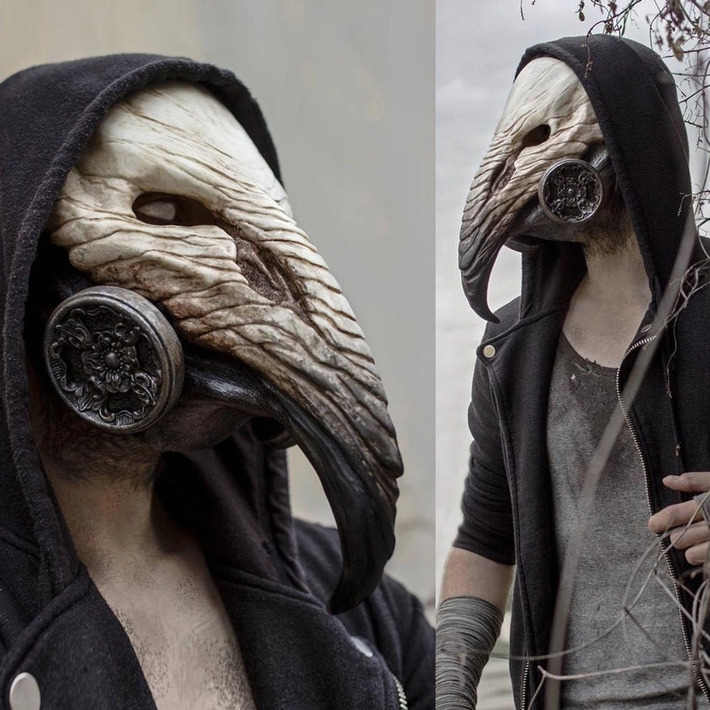 Split comparison view of steampunk plague doctor mask worn by two males in hooded outerwear, showing left and right side profiles with weathered bone-white beak and detailed embossed metal filter components