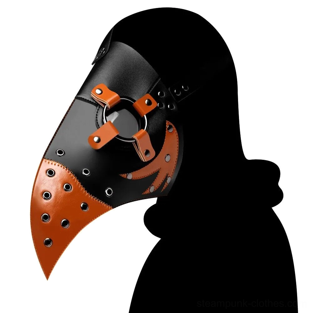 Left side wearing view of dual-tone steampunk plague doctor bird mask in black and brown leather with clear lens and mechanical details