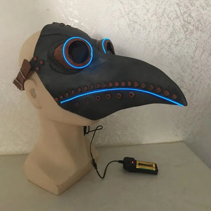 vintage steampunk plague doctor mask detail view with brown leather strap, decorative rivets, and blue LED trim highlighting architectural design elements and craftsmanship