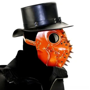 Steampunk plague doctor bird mask right three-quarter view on mannequin with black leather top hat, displaying industrial rivets and goggle details