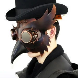 Steampunk plague doctor owl mask with spiked bronze goggles and elongated beak, worn by male model with top hat in three-quarter front view