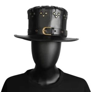 Front facing view of steampunk plague doctor hat featuring matte black faux leather and bronze metal hardware