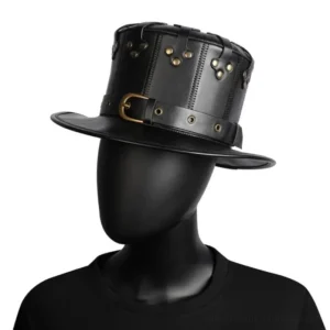 Black steampunk plague doctor top hat with bronze rivets and buckle, displayed on mannequin from left three-quarter angle