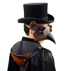 Steampunk owl mask rear view showing leather shoulder panel and black cloak attachment on male model wearing top hat