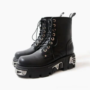 Black steampunk platform combat boots with metal sole hardware and full lace-up closure, three-quarter front view