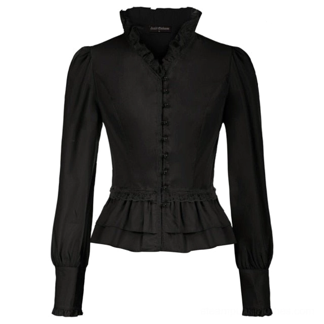 Black steampunk pleated blouse with long sleeves and ruffled peplum hem full front view