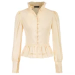 Victorian steampunk pleated blouse in cream with puff sleeves and ruffled peplum hem front view
