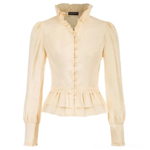 Victorian steampunk pleated blouse in cream with puff sleeves and ruffled peplum hem front view