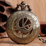 Steampunk pocket watch with hollowed astrolabe dial showing telluric lines and hermetic symbols, bronze finish with floral carved details and transparent viewing panel