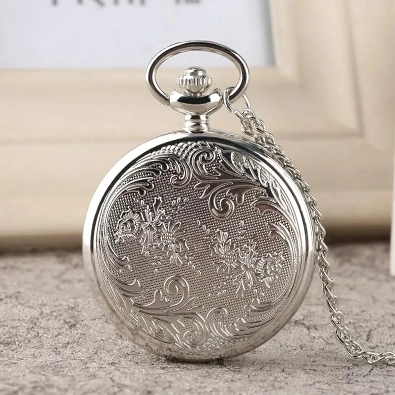 Back cover of steampunk pocket watch featuring full engraved floral patterns - stainless steel and bronze case