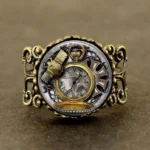 Steampunk vintage pocket watch ring with antiqued bronze hollow carved scroll band, featuring pocket watch, beetle, and cross motifs in dual gold and silver tones with glass accents