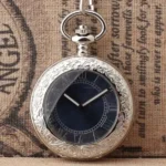 Steampunk pocket watch front view with dark blue Roman numeral dial and ornate silver engraved case