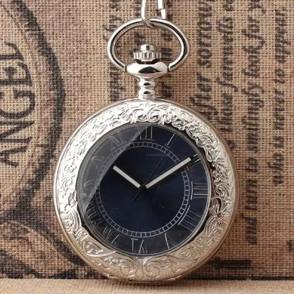 Steampunk pocket watch front view with dark blue Roman numeral dial and ornate silver engraved case