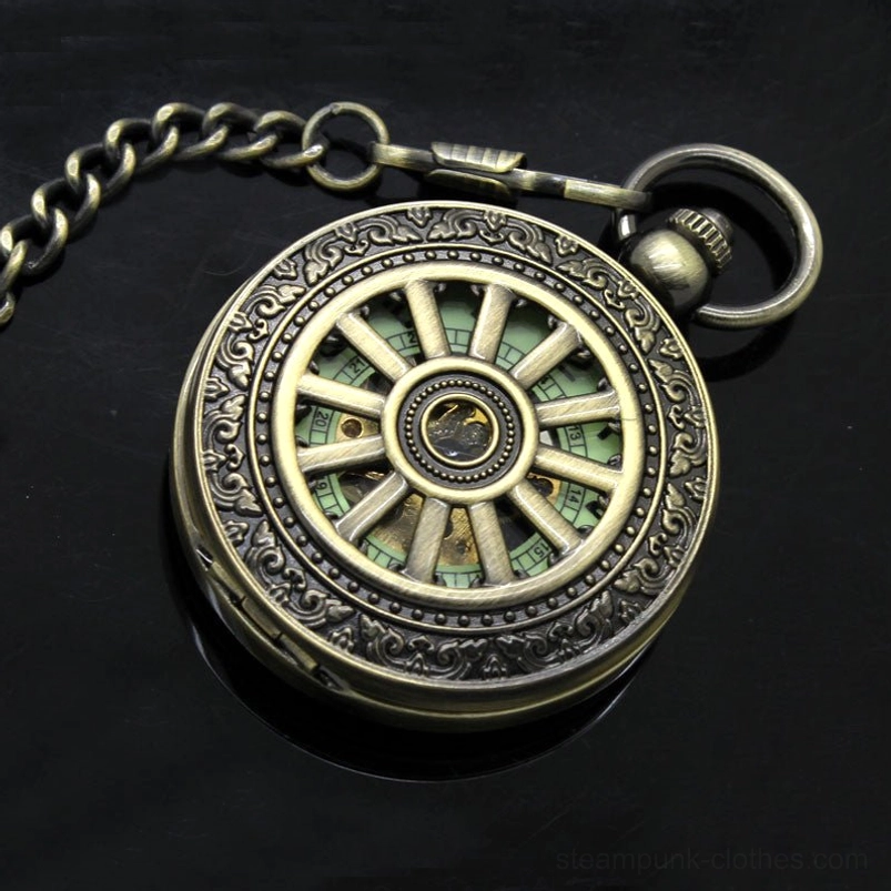 Steampunk pocket watch side view showing embossed bronze case, wheel skeleton back cover, and metal clasp